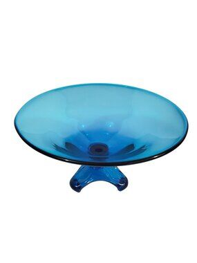 Vintage Viking Glass MCM Bluenique Arching Thumbprint Three Footed Console Bowl